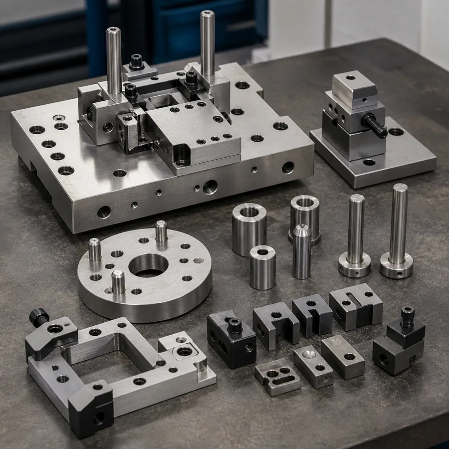Custom tooling fixtures, clamping blocks, pins, and gauge components